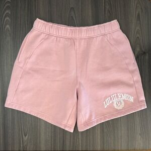 Lululemon Pink Scuba Collegiate Logo Fleece Lounge Shorts Womens Small 7" Inseam